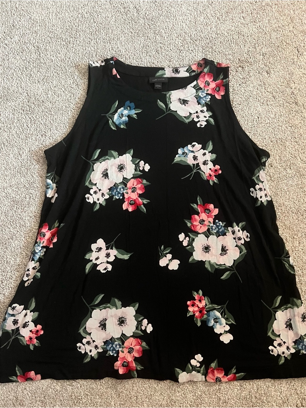 J Jill Floral Sleeveless Summer Tank Top - Black with Pink & White Flowers L